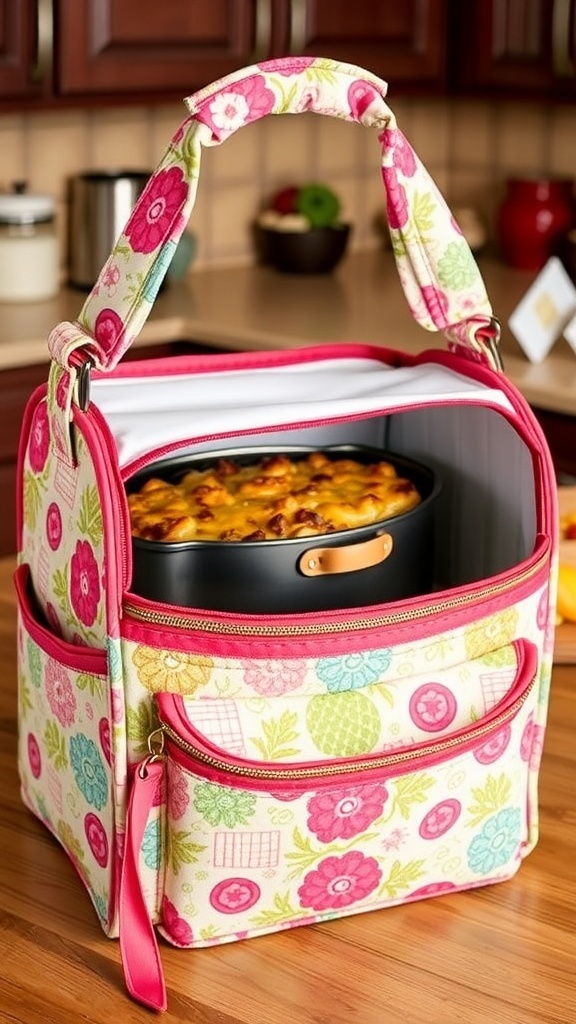 A colorful casserole carrier with a casserole dish inside, set in a warm kitchen.